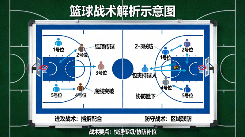 篮球战术解析示意图 - 球场战术板展示进攻与防守布置