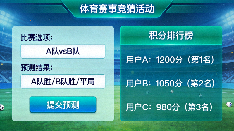 体育赛事竞猜活动界面示意图 - 用户参与预测比赛结果与积分排行榜