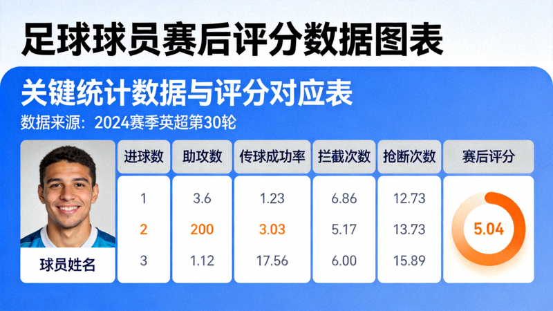 足球球员赛后评分数据图表 - 展示球员关键统计数据与评分
